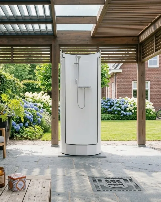 De nooddouche op een overdekte veranda met uitzicht op de tuin