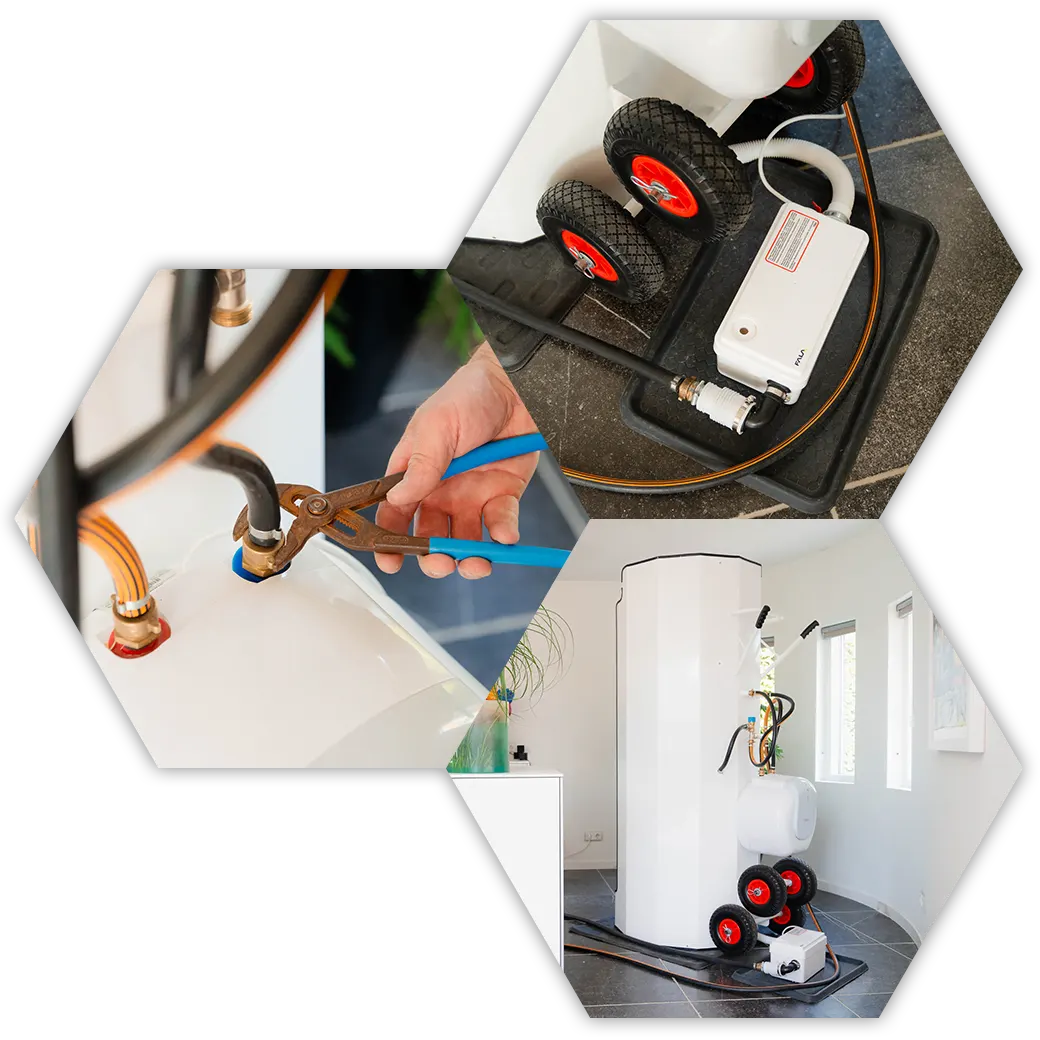 De wateraansluiting wordt vastgezet, de afvoerpomp op de mat en de boiler achter de cabine