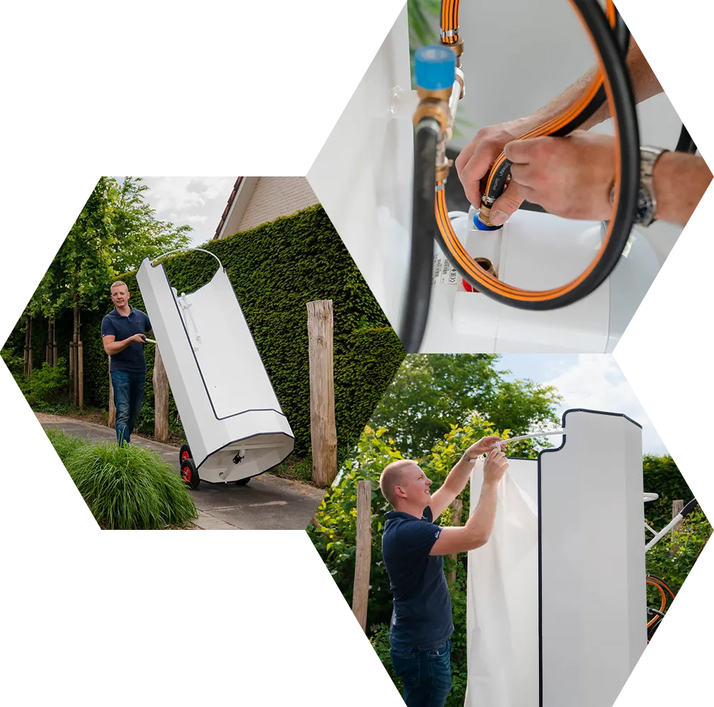 Onze monteur rijdt de cabine door de tuin naar binnen en sluit de slangen aan